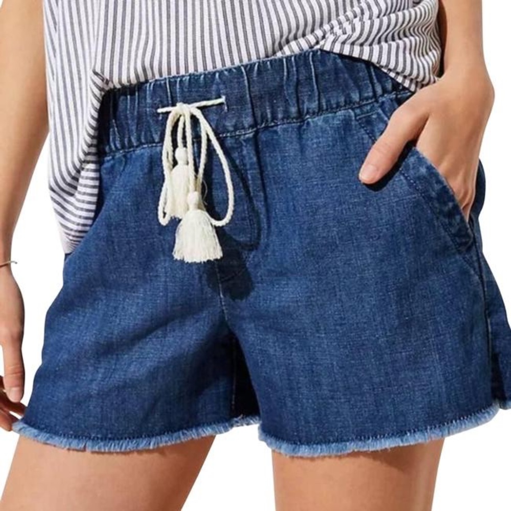 Loft Frayed Hem Linen Blend Shorts Blue